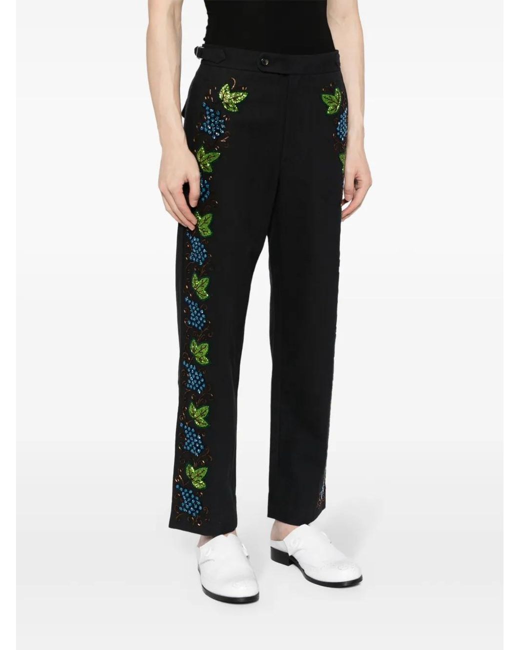 Bode Black Beaded Concord Embroidered Trousers for men