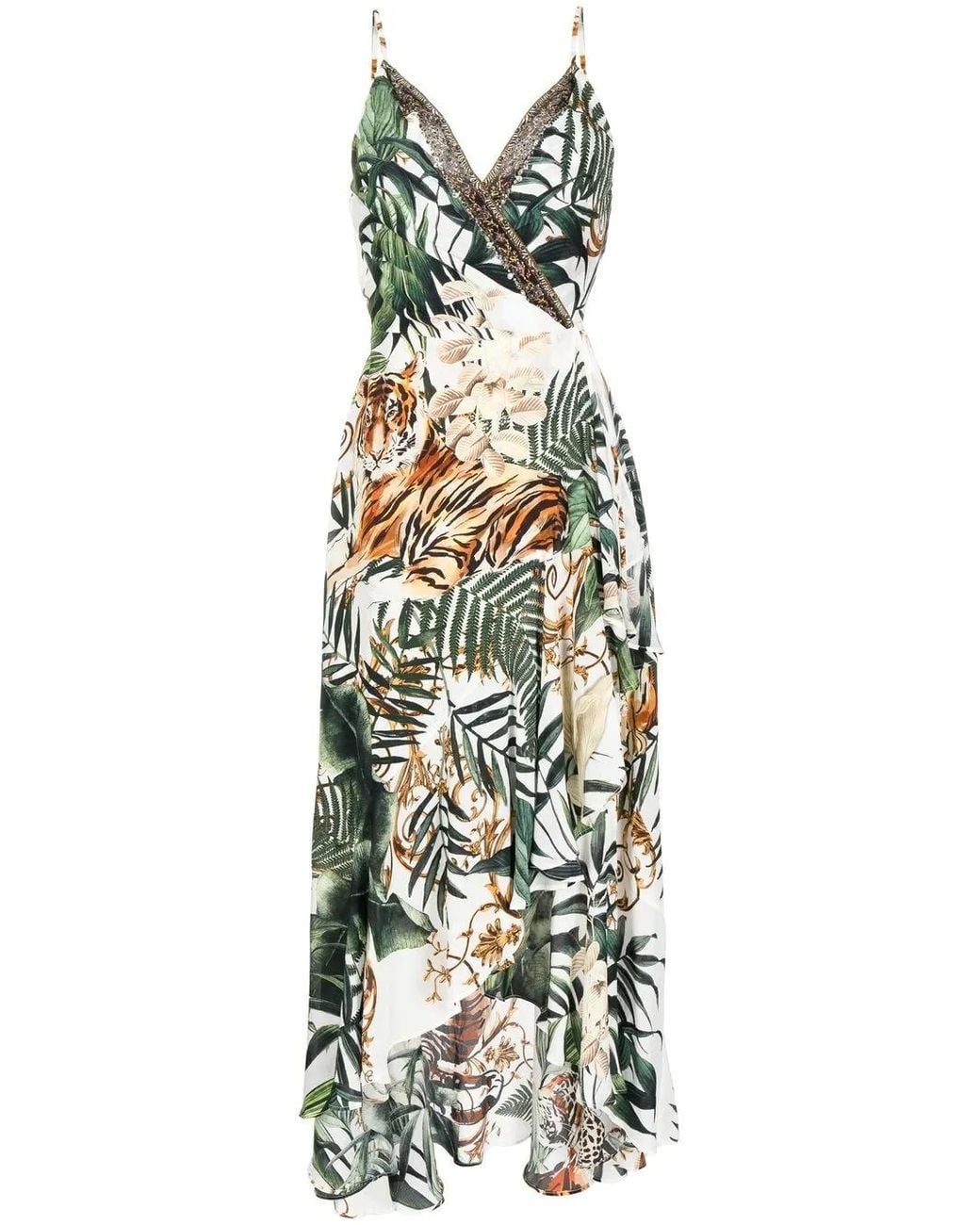 Camilla Metallic Draped Tiger-Paint Wrap Dress
