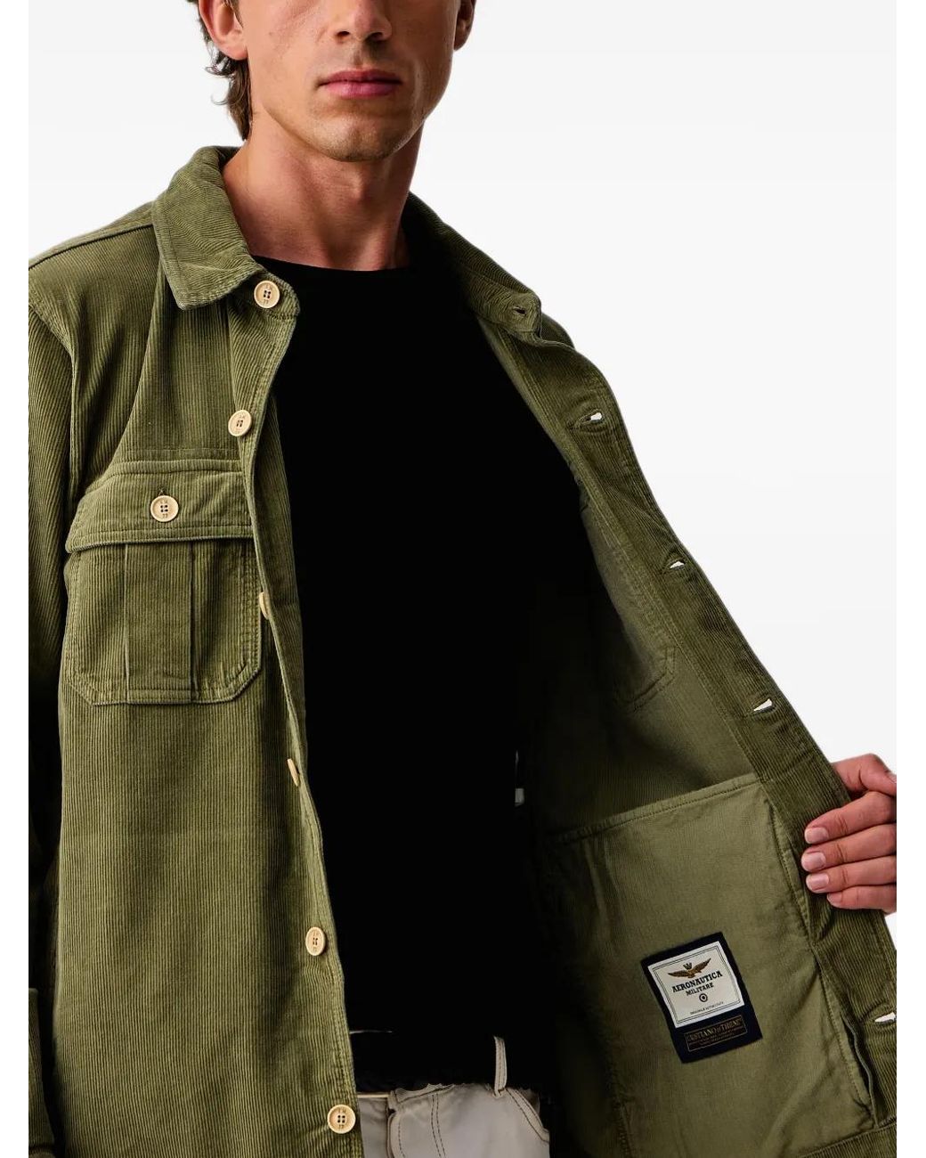 Aeronautica Militare Green Corduroy Logo-Patch Shirt Jacket for men