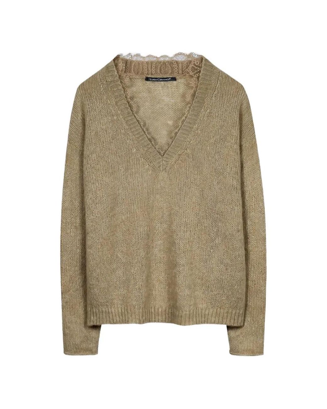 Luisa Cerano Green Lace-Trim V-Neck Sweater