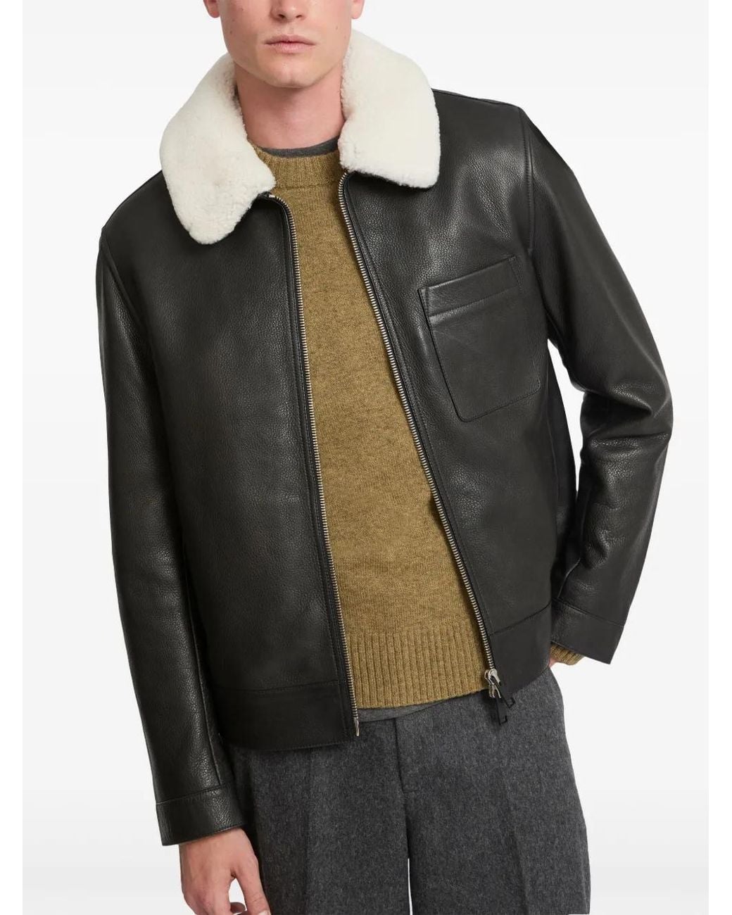 Yves Salomon Black Shearling Collar Leather Jacket for men