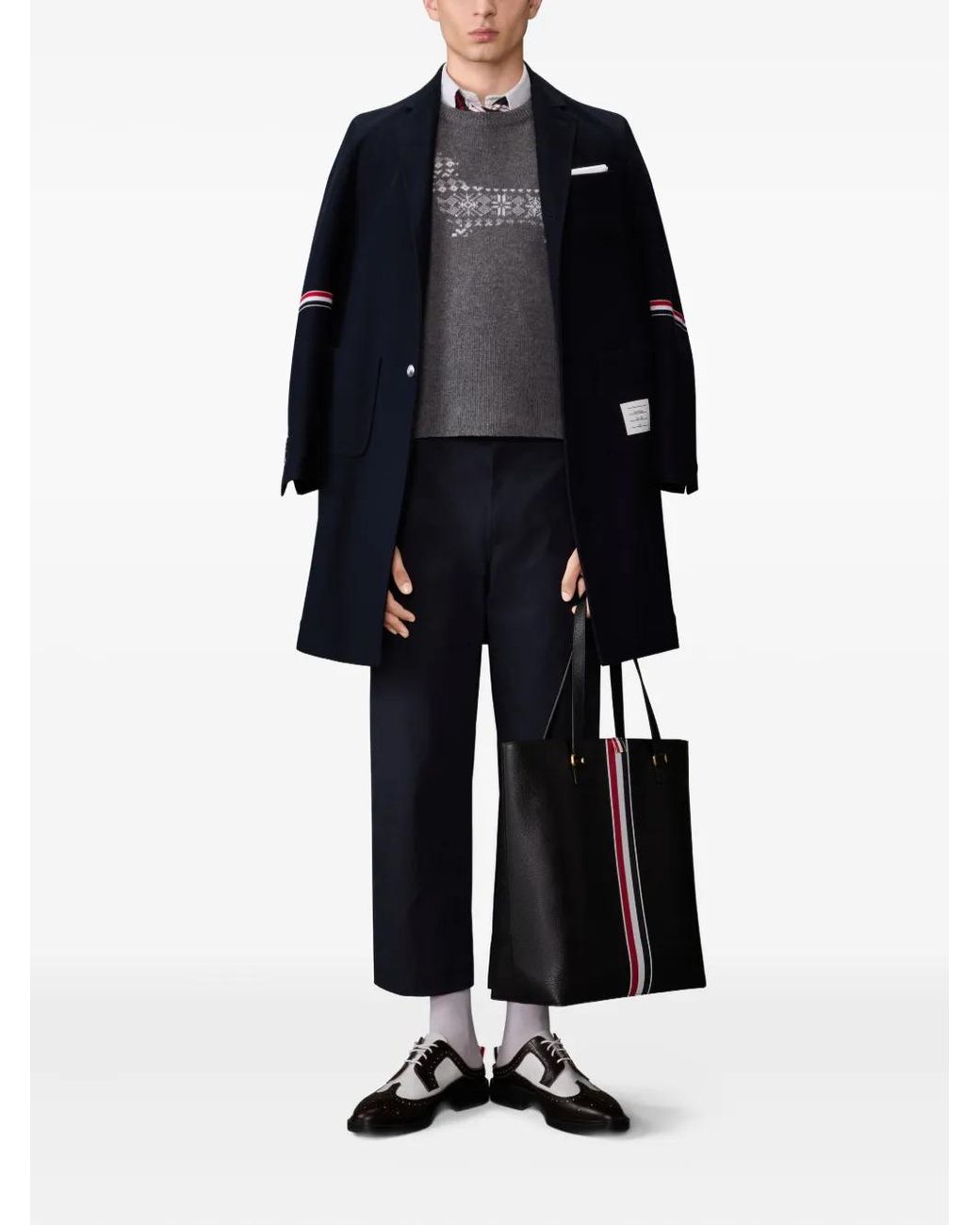 Thom Browne Gray Patterned Wool Sweater With Dog Motif And Geometric Design for men