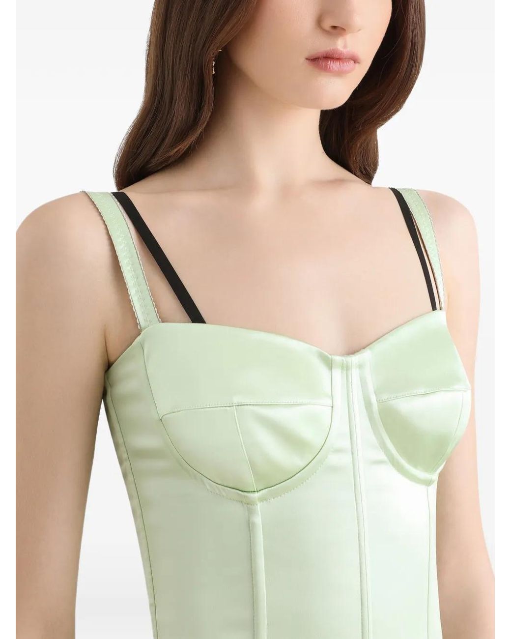 Dolce & Gabbana Green Satin Calf-Length Corset Dress With Bra Detail