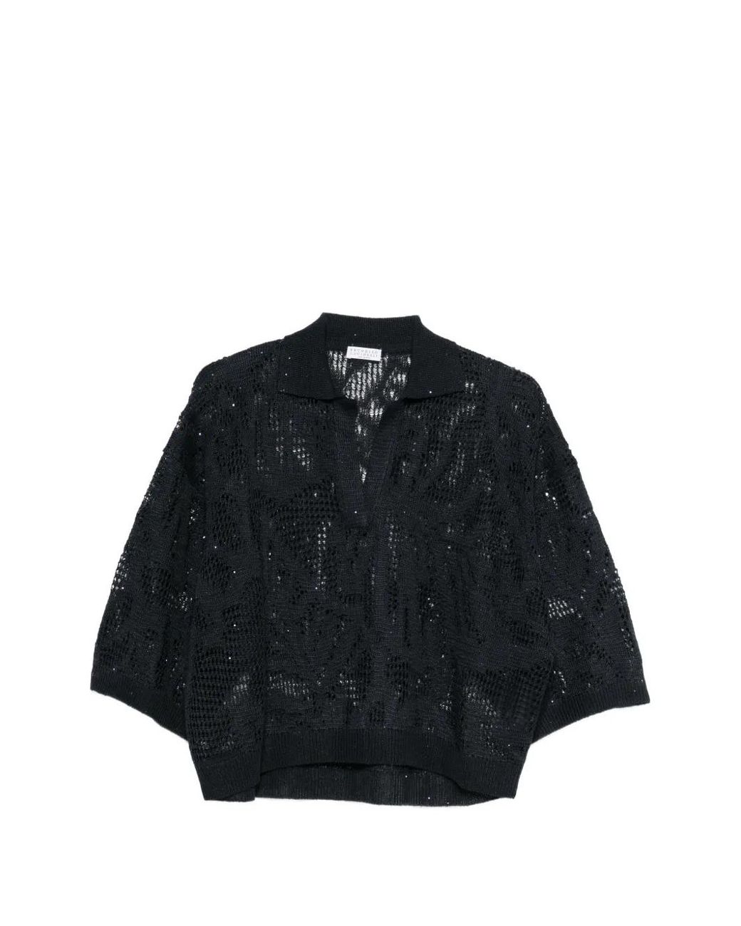 Brunello Cucinelli Black V-Neck Open-Knit Sweater