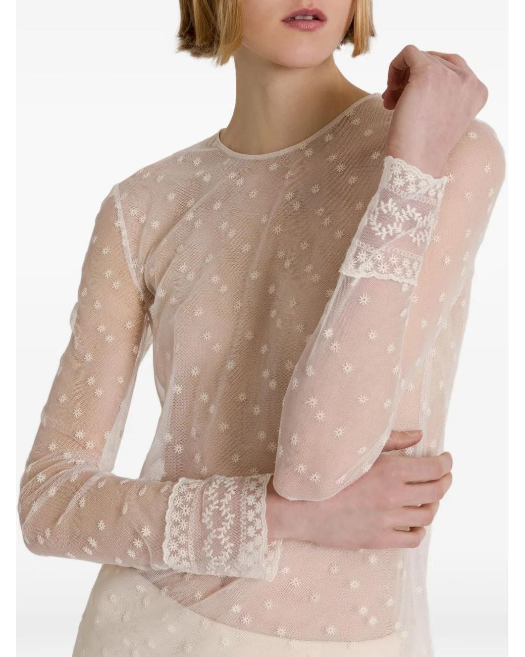 Alberta Ferretti White Lace-Trim Sheer Top