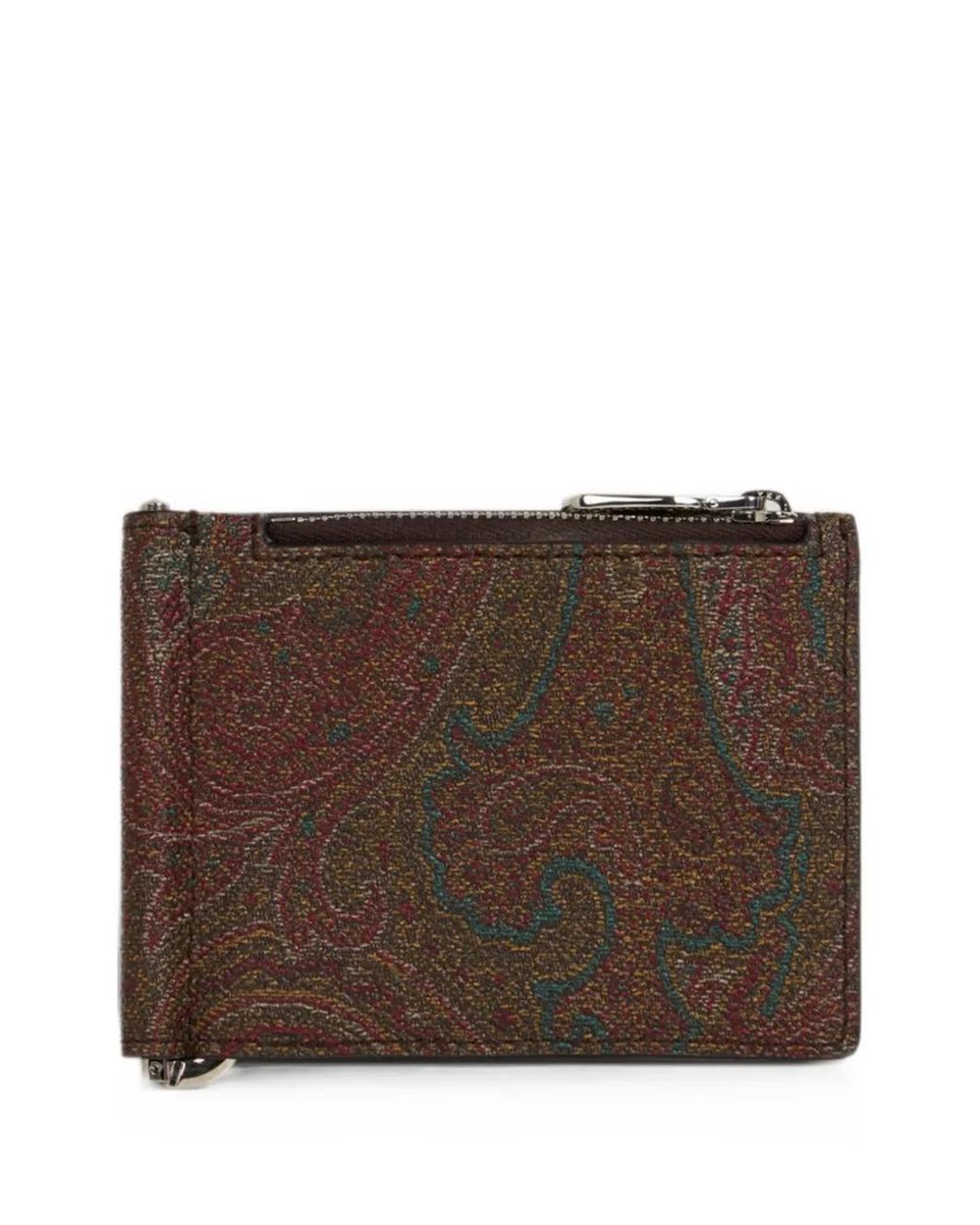 Etro Brown Paisley Jacquard Fabric Bifold Card Holder With Metal Money Clip for men