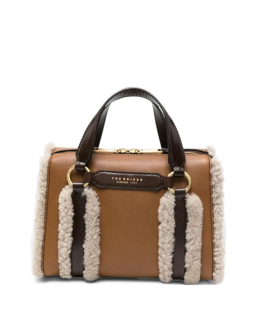 The Bridge Brown Shearling-Trim Leather Tote Bag
