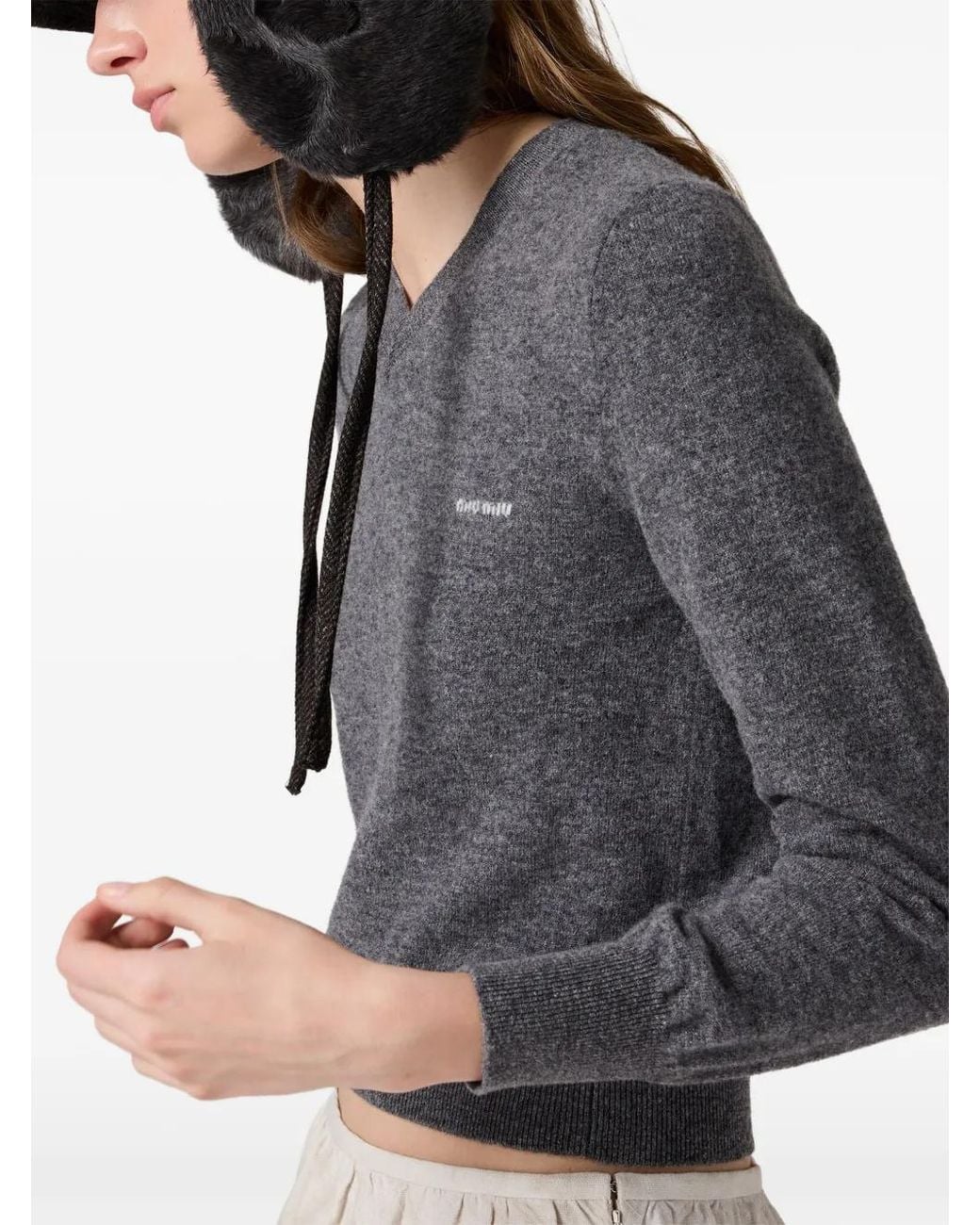 Miu Miu Gray V-Neck Wool Cardigan
