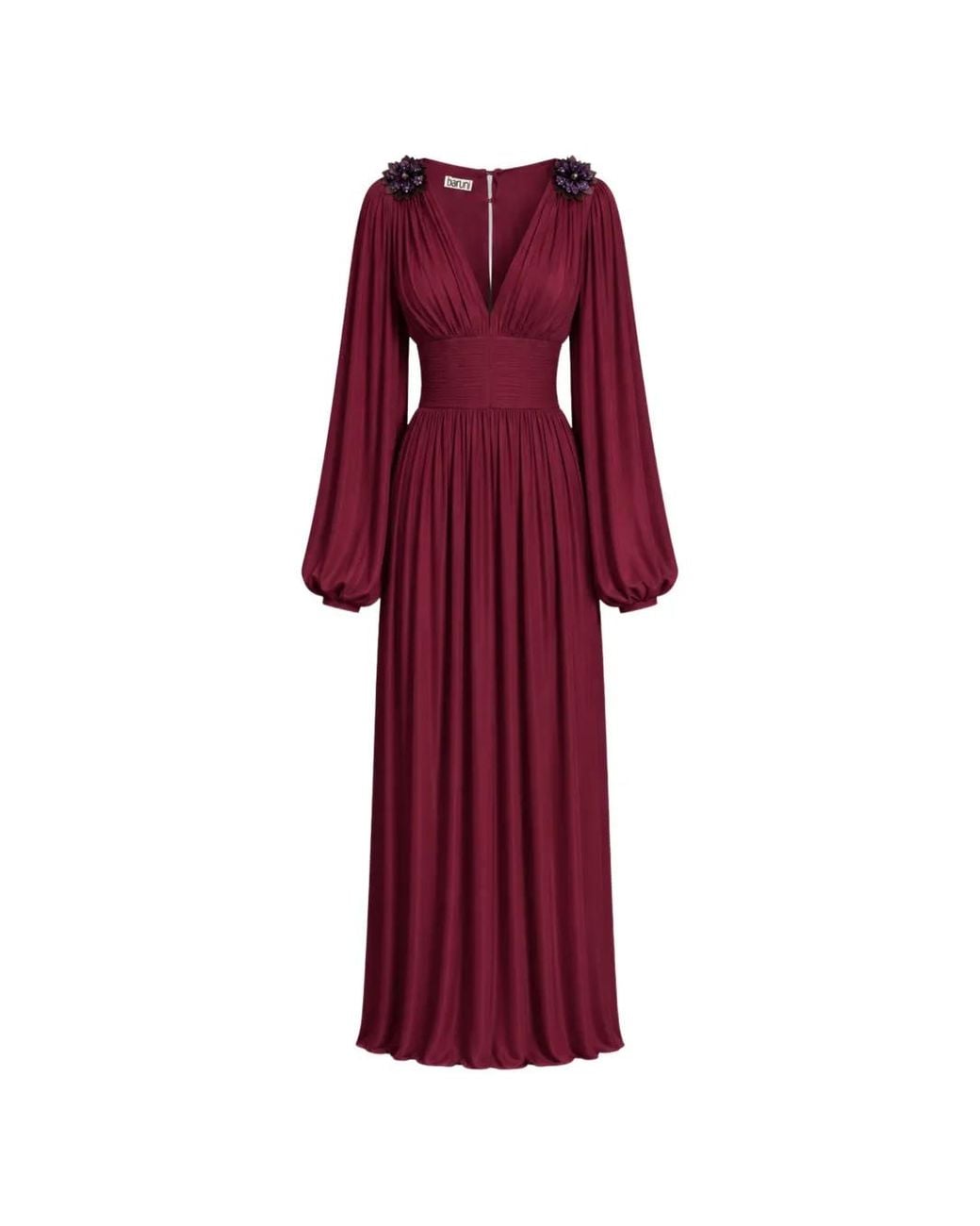 Baruni Red Layan Floral-Embellished Pleated Maxi Dress
