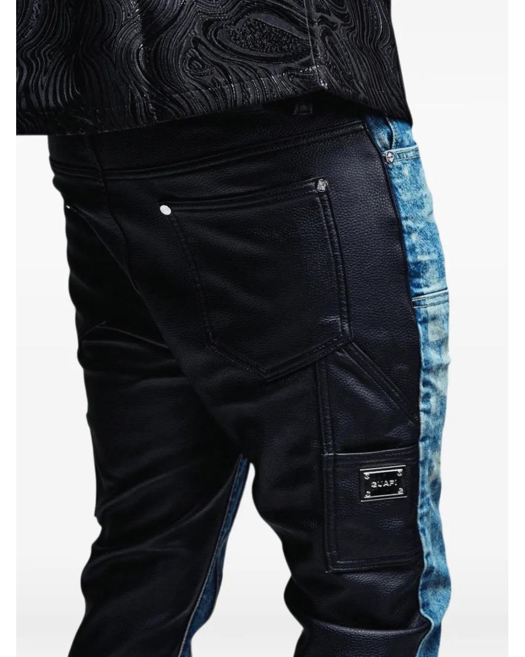 GUAPI Blue Checkerboard-Print Panelled Jeans for men