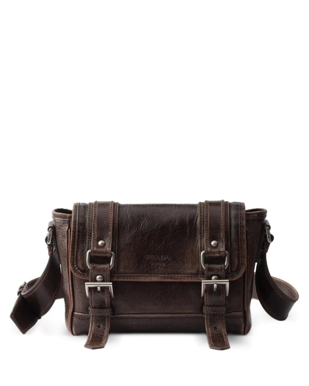 Prada Brown Buckle Leather Messenger Bag for men