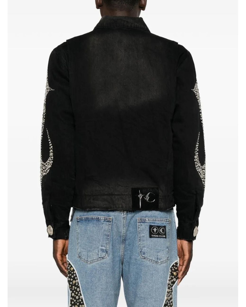 THUG CLUB Black Stud-Embellished Denim Jacket for men