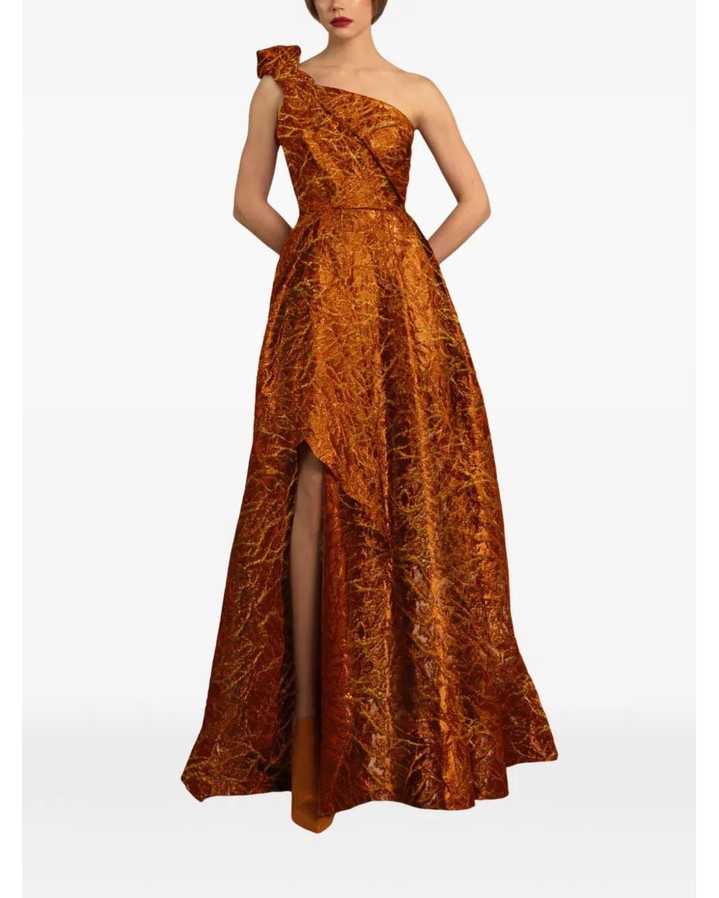 Gemy Maalouf Brown One-Shoulder Draped Maxi Dress