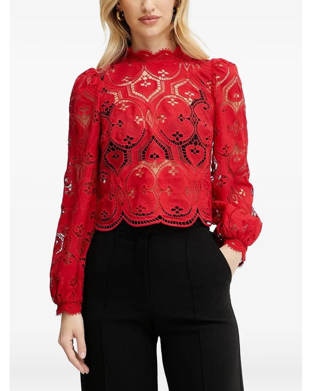 Morgan Red Lace Scalloped-Hem Blouse