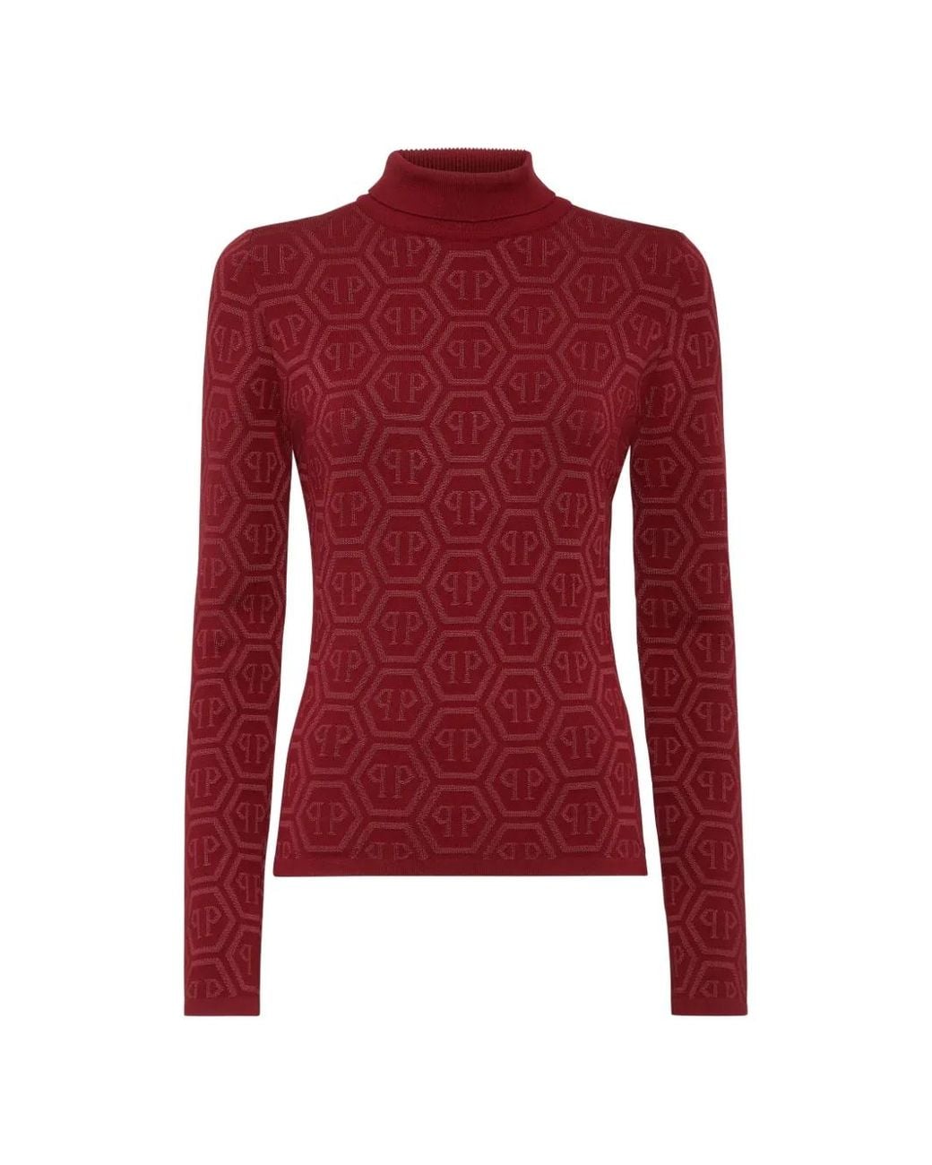 Philipp Plein Red Logo-Pattern Turtleneck Sweater