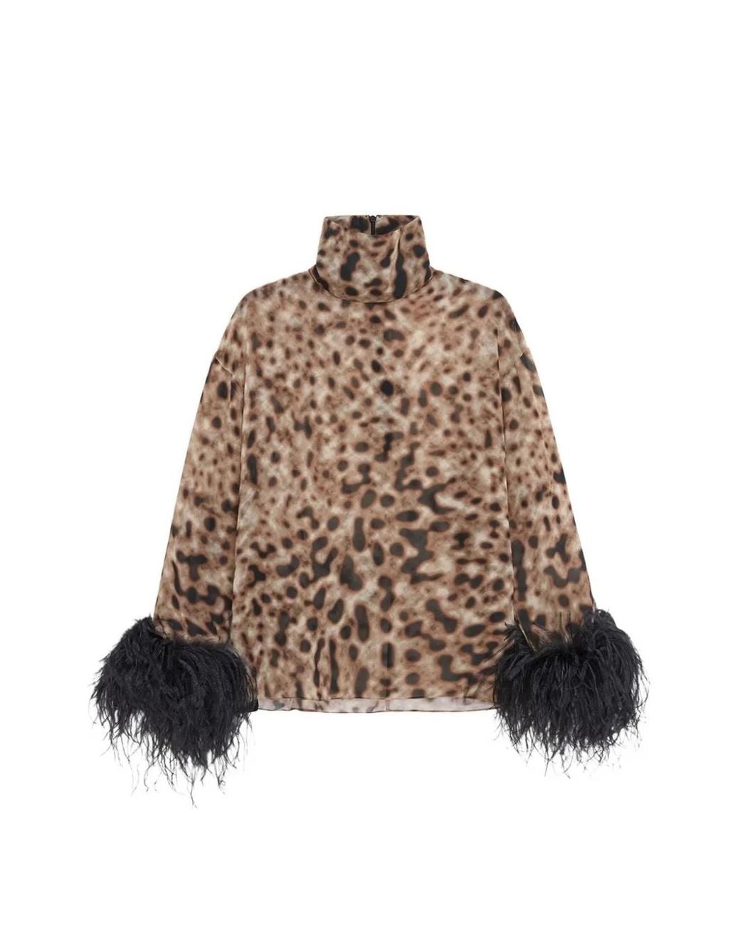 16Arlington Brown Olyss Feather-Trimmed Animal-Print Top