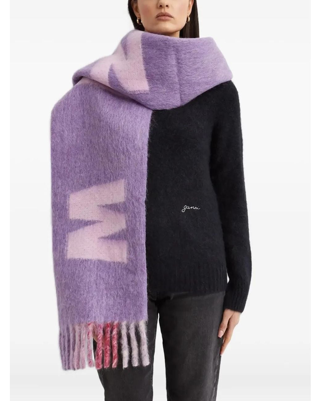 Marni Purple Logo Fringed Scarf