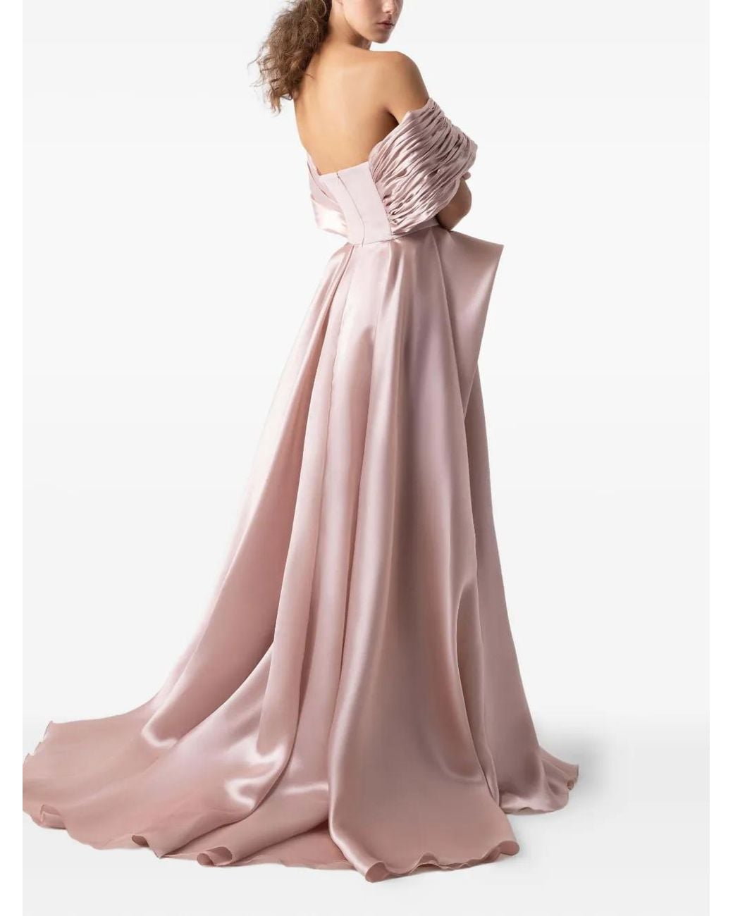 Gaby Charbachy Pink Pleated Off-Shoulder Evening Gown