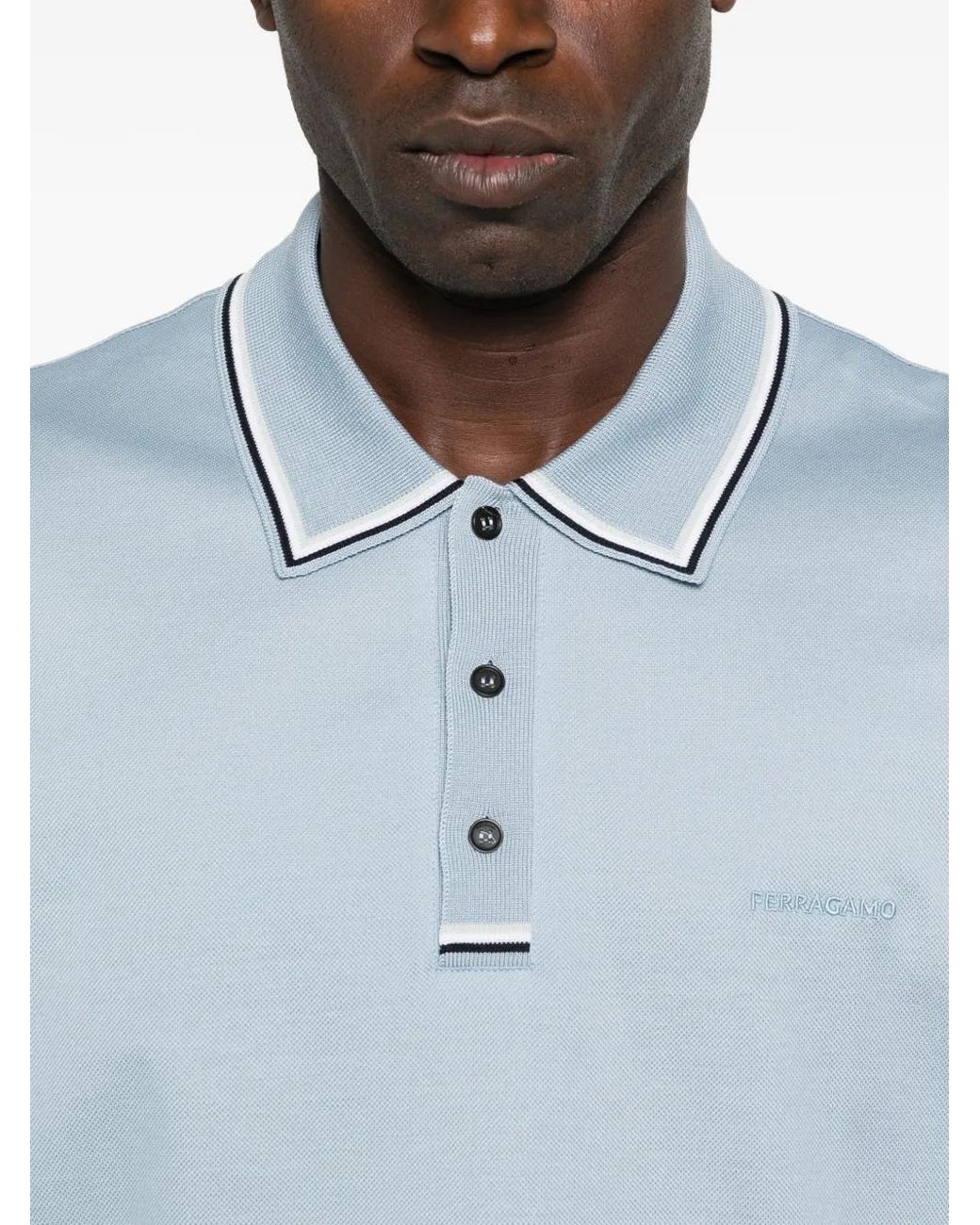 Ferragamo Blue Tipped-Collar Logo-Embroidered Polo Shirt for men