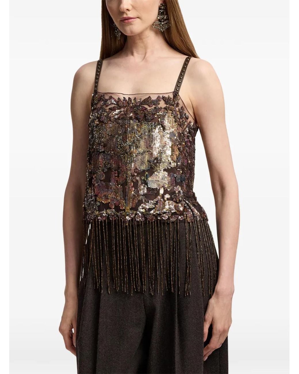 Ralph Lauren Brown Sonara Sequin-Embellished Fringe-Trim Top