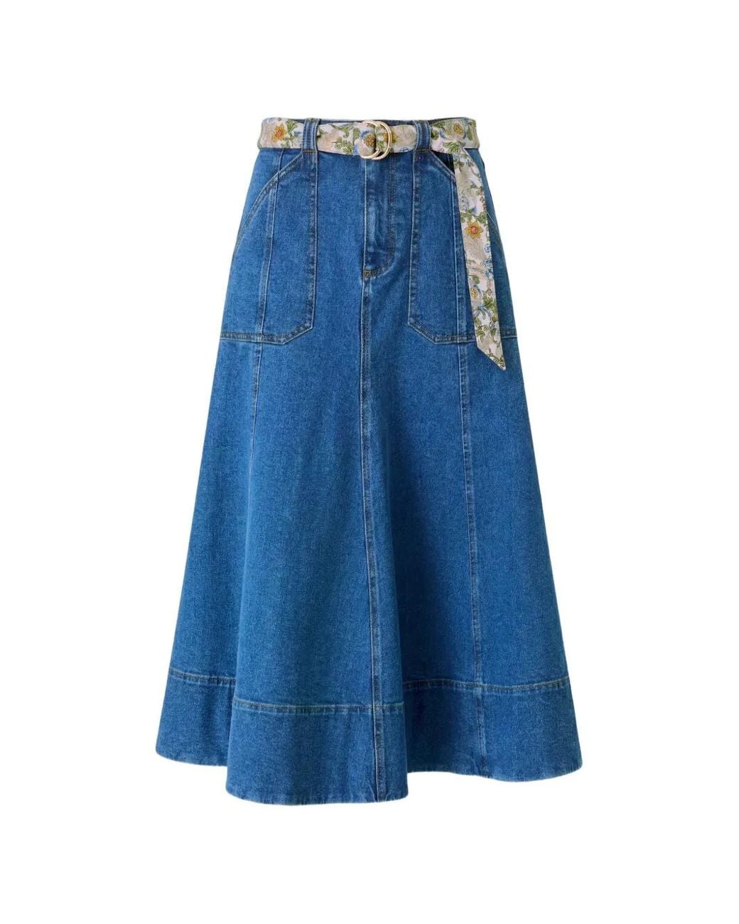 Cinq À Sept Blue Jupe Mi-Longue Benji En Jean, Évasée Et Ceinturée