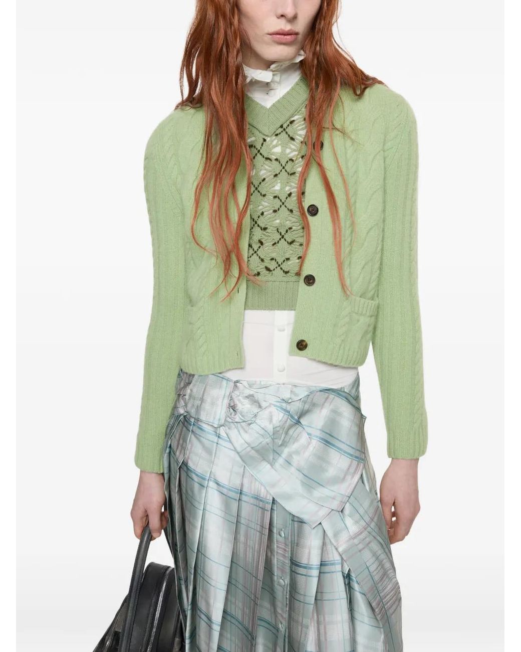 Acne Green Cashmere Cable-Knit Cardigan