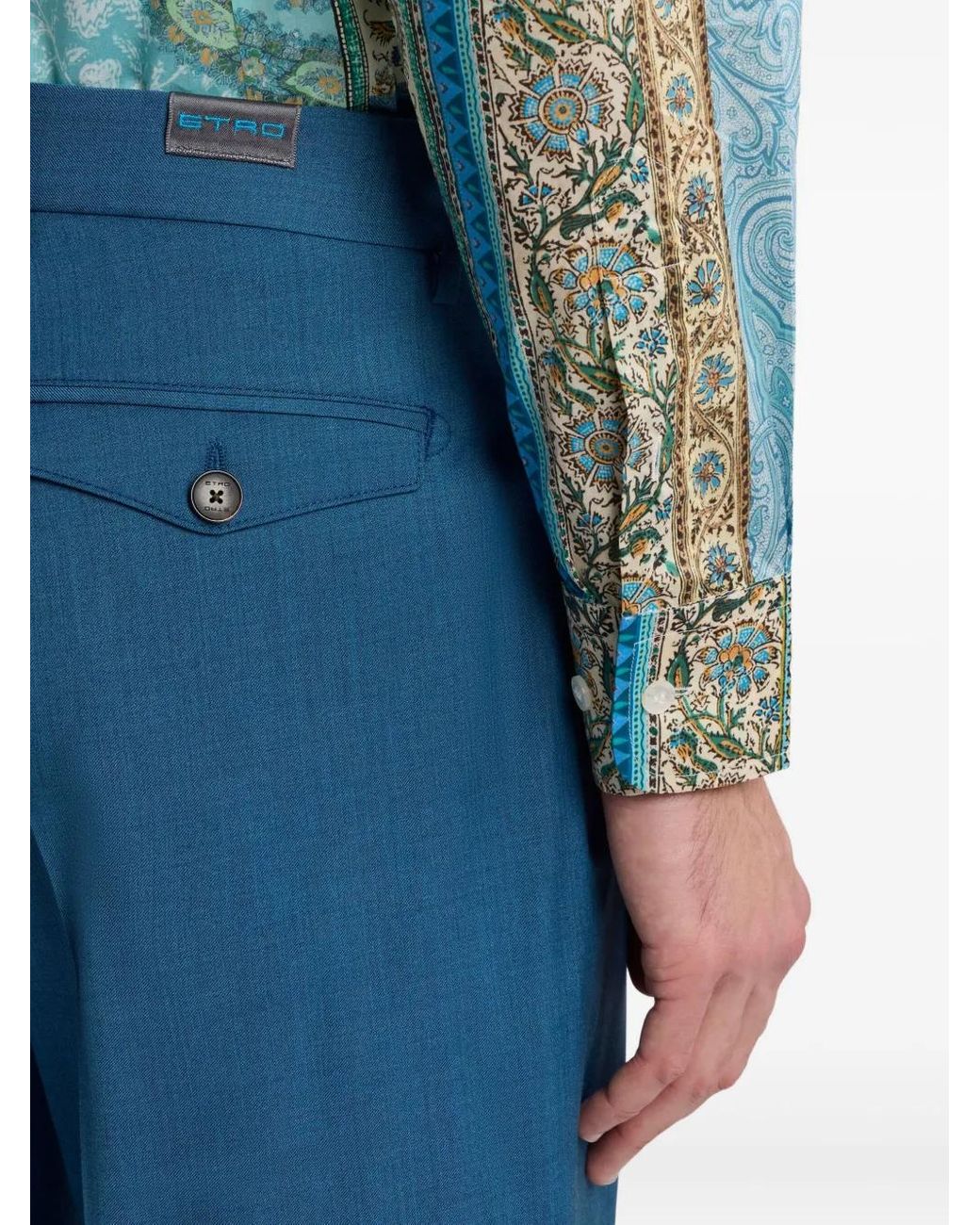 Etro Blue Wool Straight-Leg Trousers for men