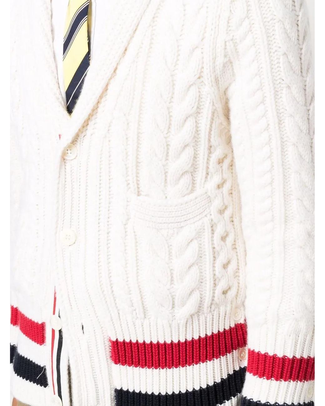 Thom Browne White Aran Cable Cashmere Rwb Stripe Cardigan for men