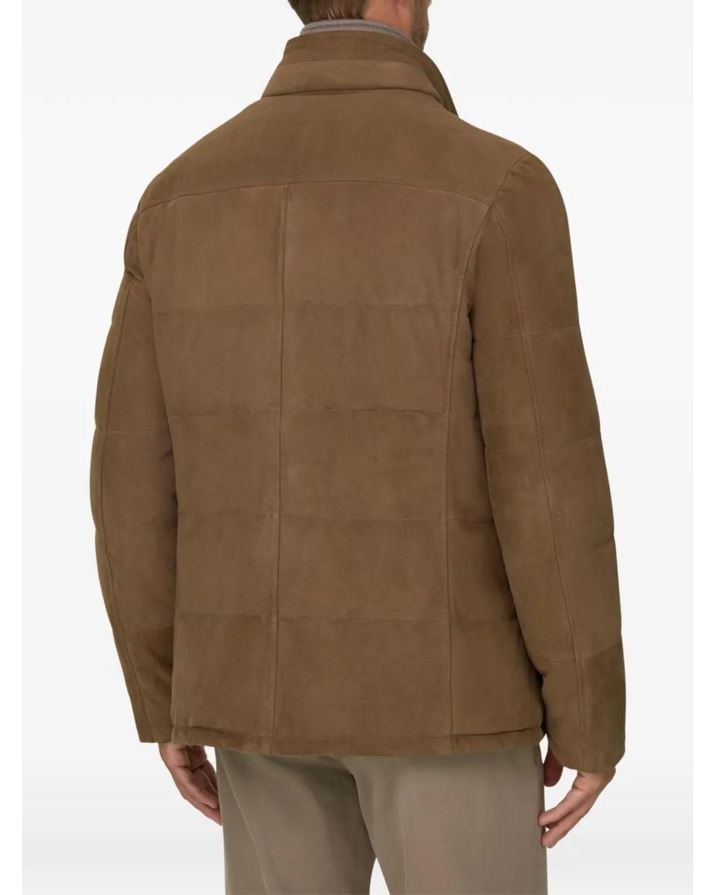 Boggi Brown Jacket Padded With Goose Down, Removable Genuine Leather Mélange Flannel Bib for men