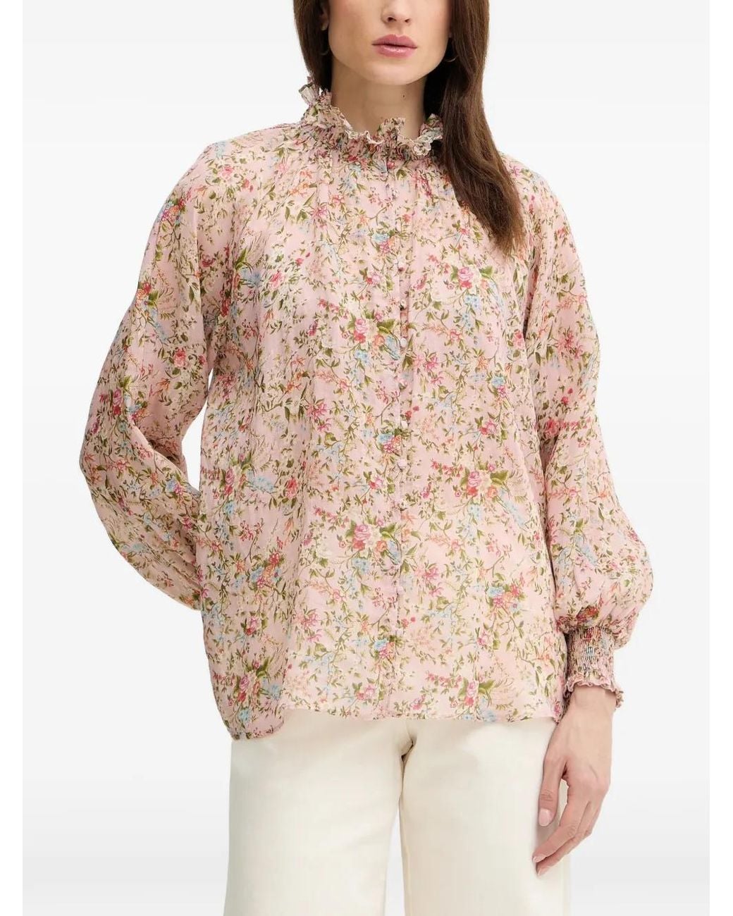 Silvian Heach Natural Sparta Floral-Print Ruffled Shirt