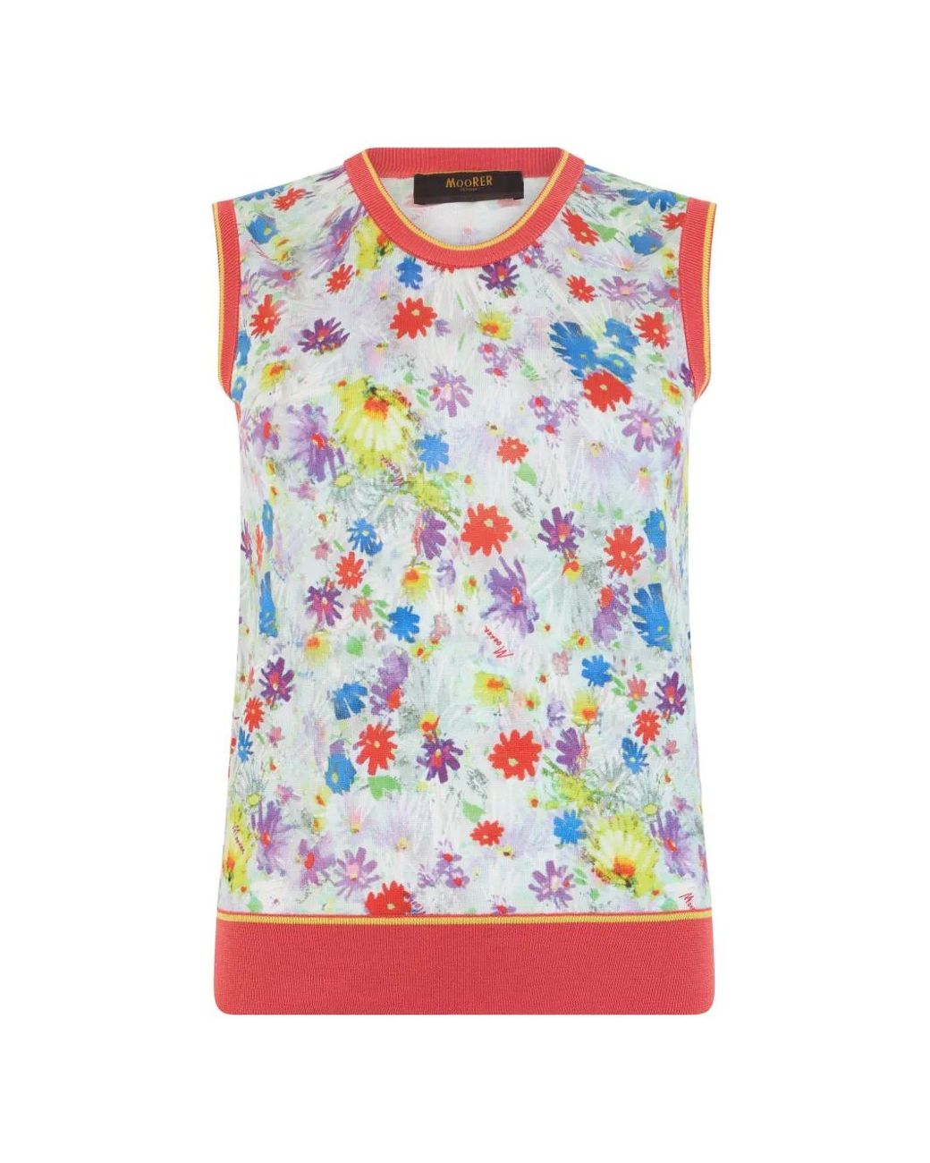 Moorer White Floral-Print Ribbed-Trim Vest