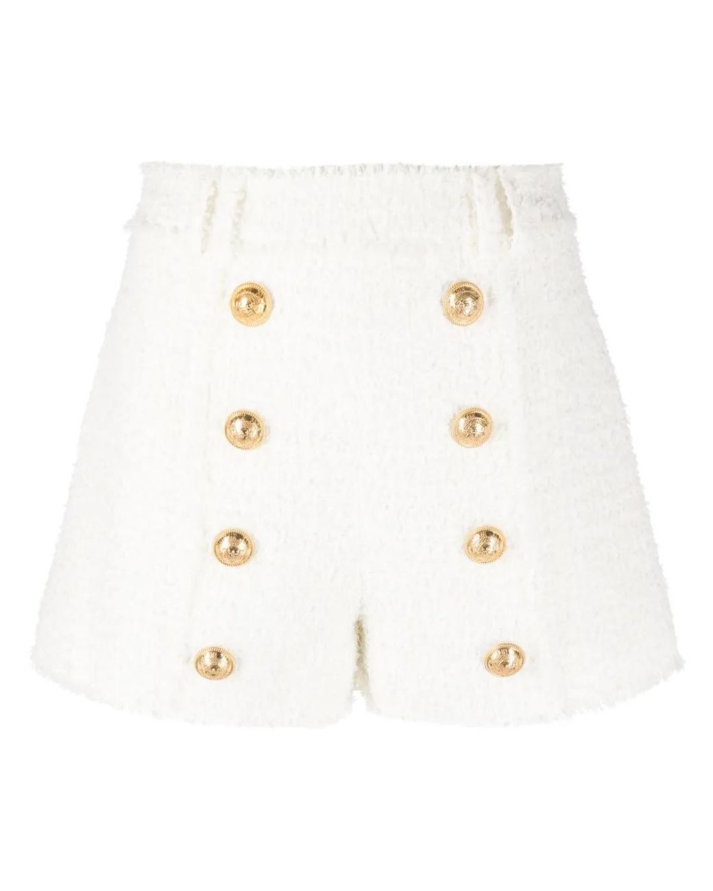 Balmain White Button-Embellished Tweed Shorts