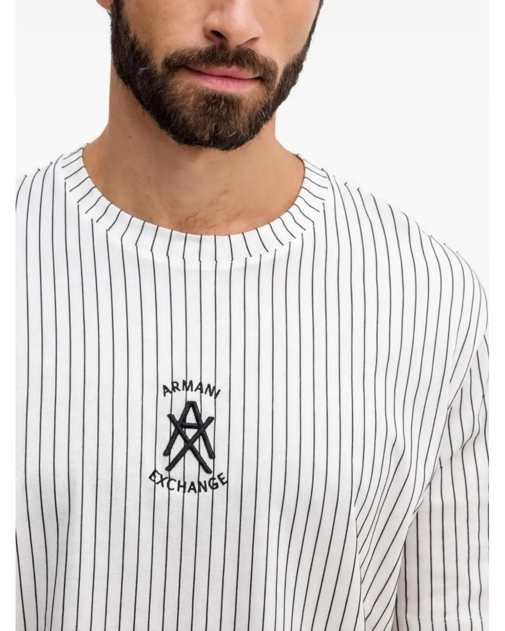 ARMANI EXCHANGE White Pinstriped Logo-Print T-Shirt for men