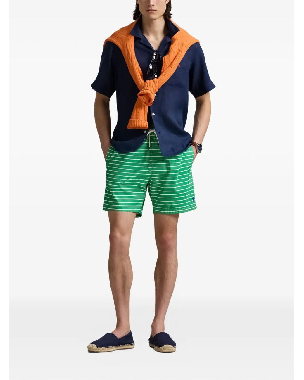 Polo Ralph Lauren Green Striped Drawstring-Waist Swim Shorts for men
