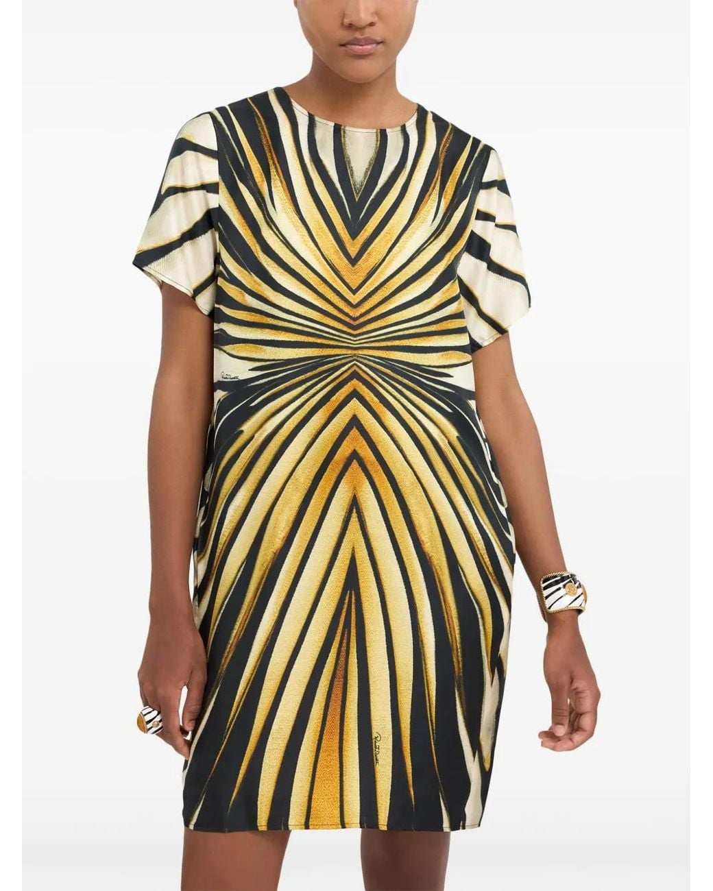 Roberto Cavalli Yellow Abstract-Print Silk Dress