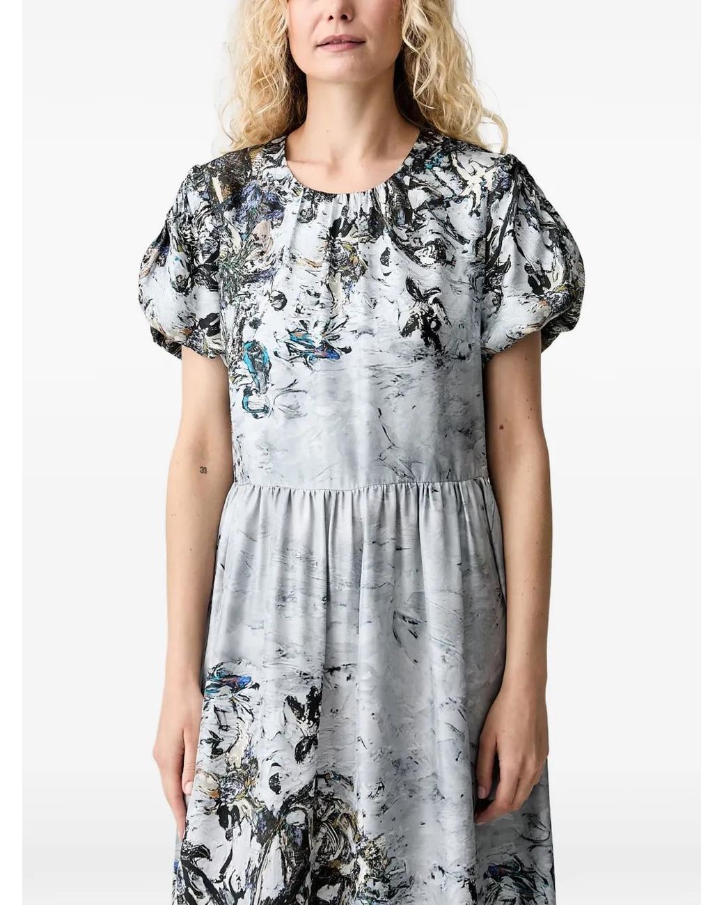 Munthe White Abstract-Print Puff-Sleeve Maxi Dress