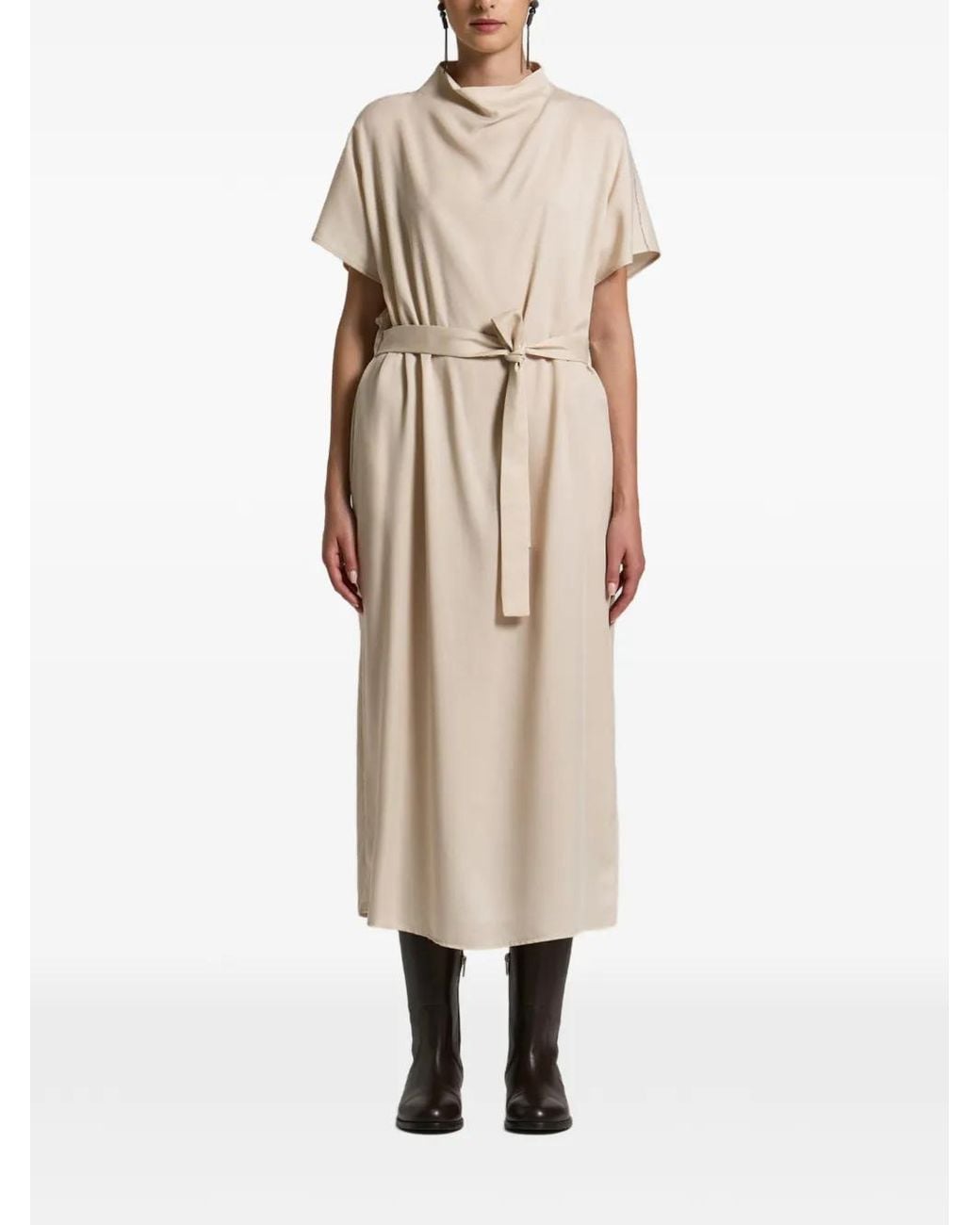 Peserico Natural Belted High-Neck Midi Dress
