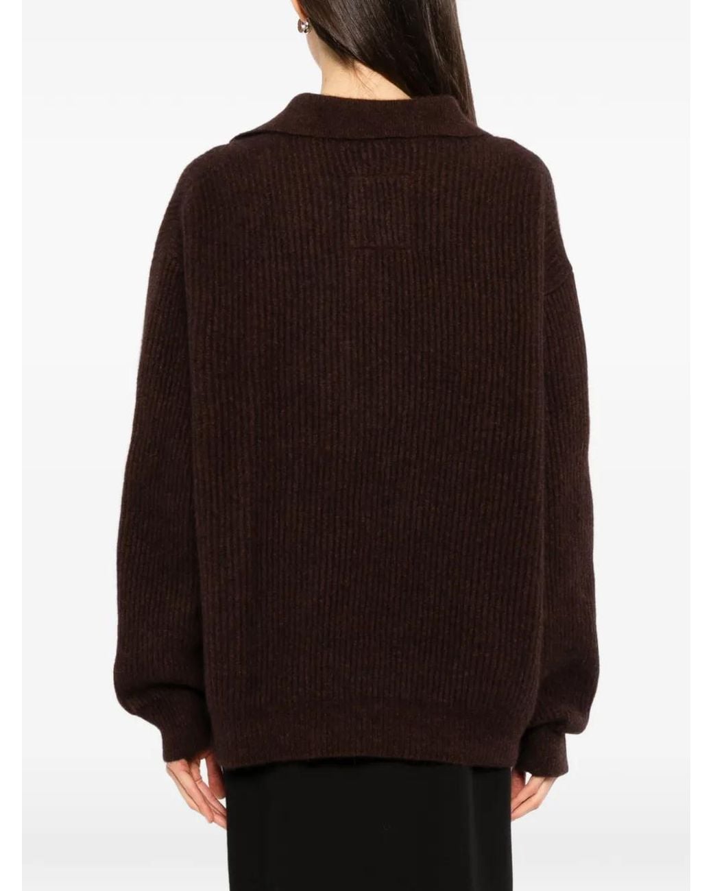Uma Wang Brown Ribbed-Knit Polo-Collar Sweater