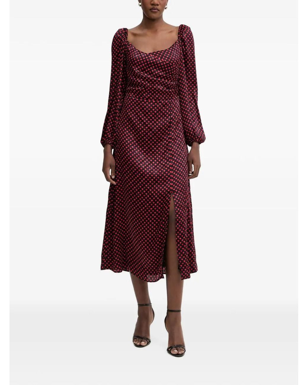 Morgan Red Heart-Print Ruched Midi Dress
