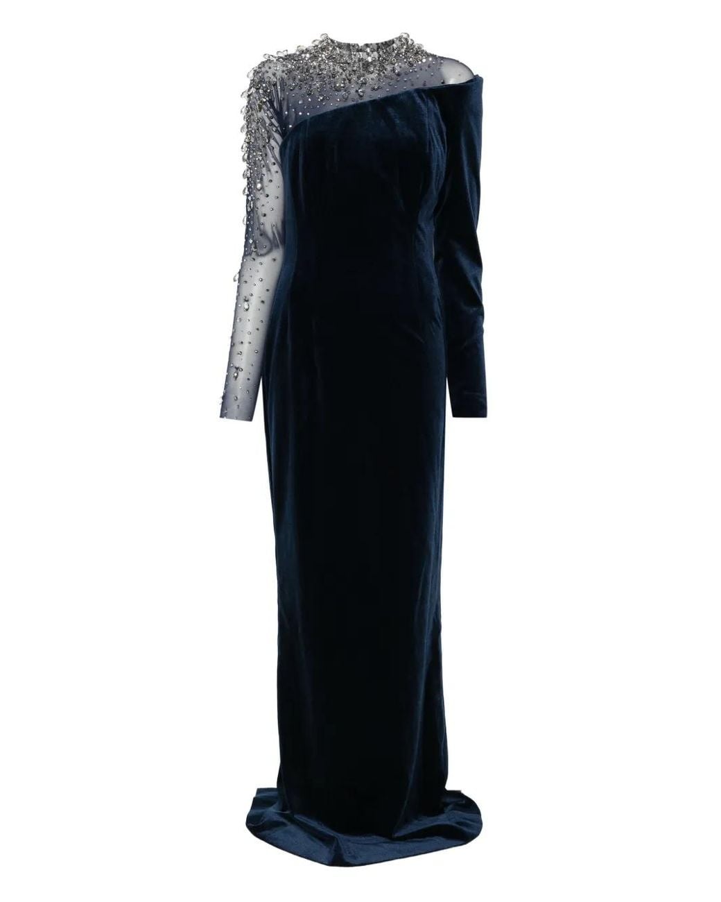 Jean Louis Sabaji Black Crystal-Embellished Asymmetric Gown