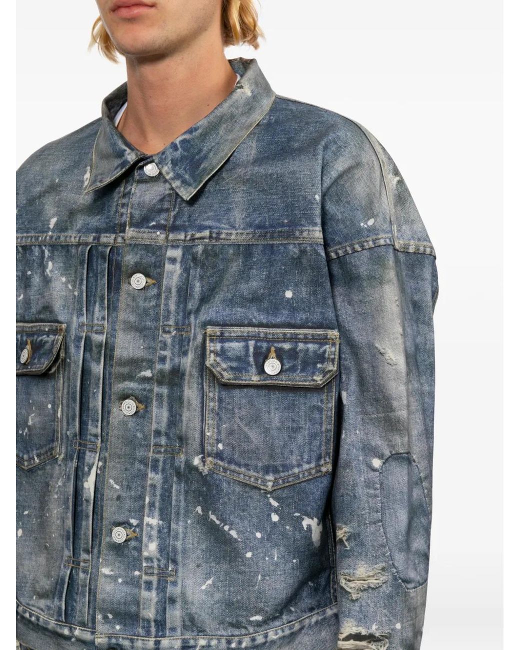 Junya Watanabe Denim Jack Met Verfspatten in het Blue voor heren