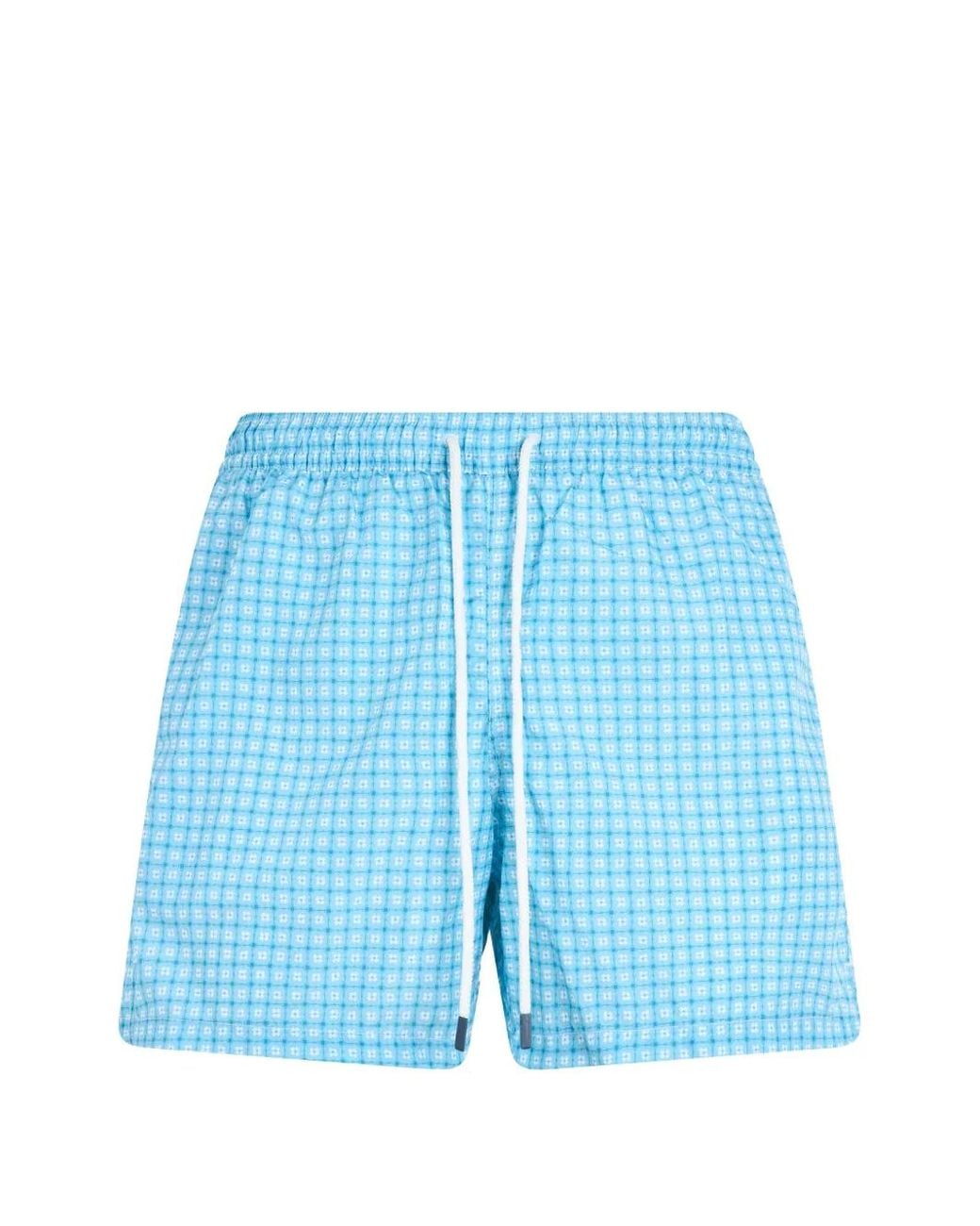 Fedeli Blue Check-Pattern Drawstring Swim Shorts for men