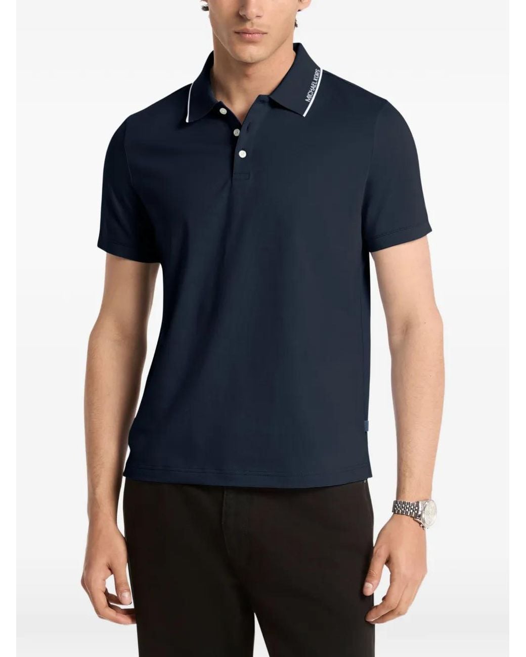 Michael Kors Blue Logo-Rib Polo Shirt for men