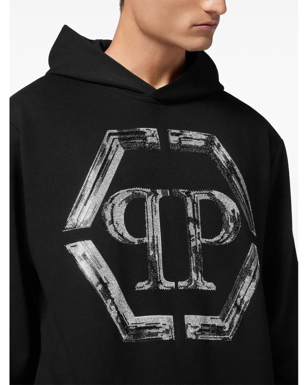 Philipp Plein Black Strass Hexagon Hoodie for men