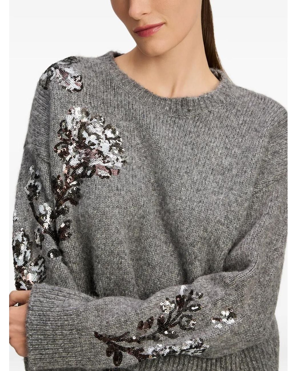 Cinq À Sept Gray Esmerine Sequin-Embellished Floral-Motif Sweater