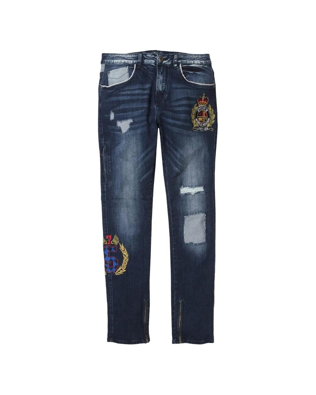 Staple Blue Distressed Crest-Embroidered Jeans for men