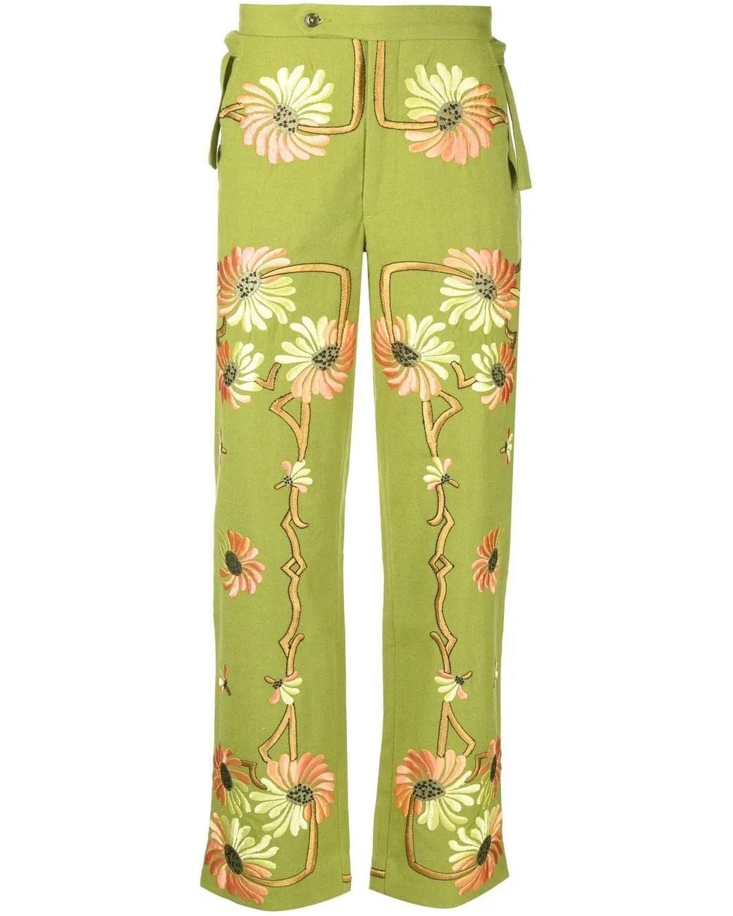 Bode Yellow Victorian Floral-Embroidered Trousers for men