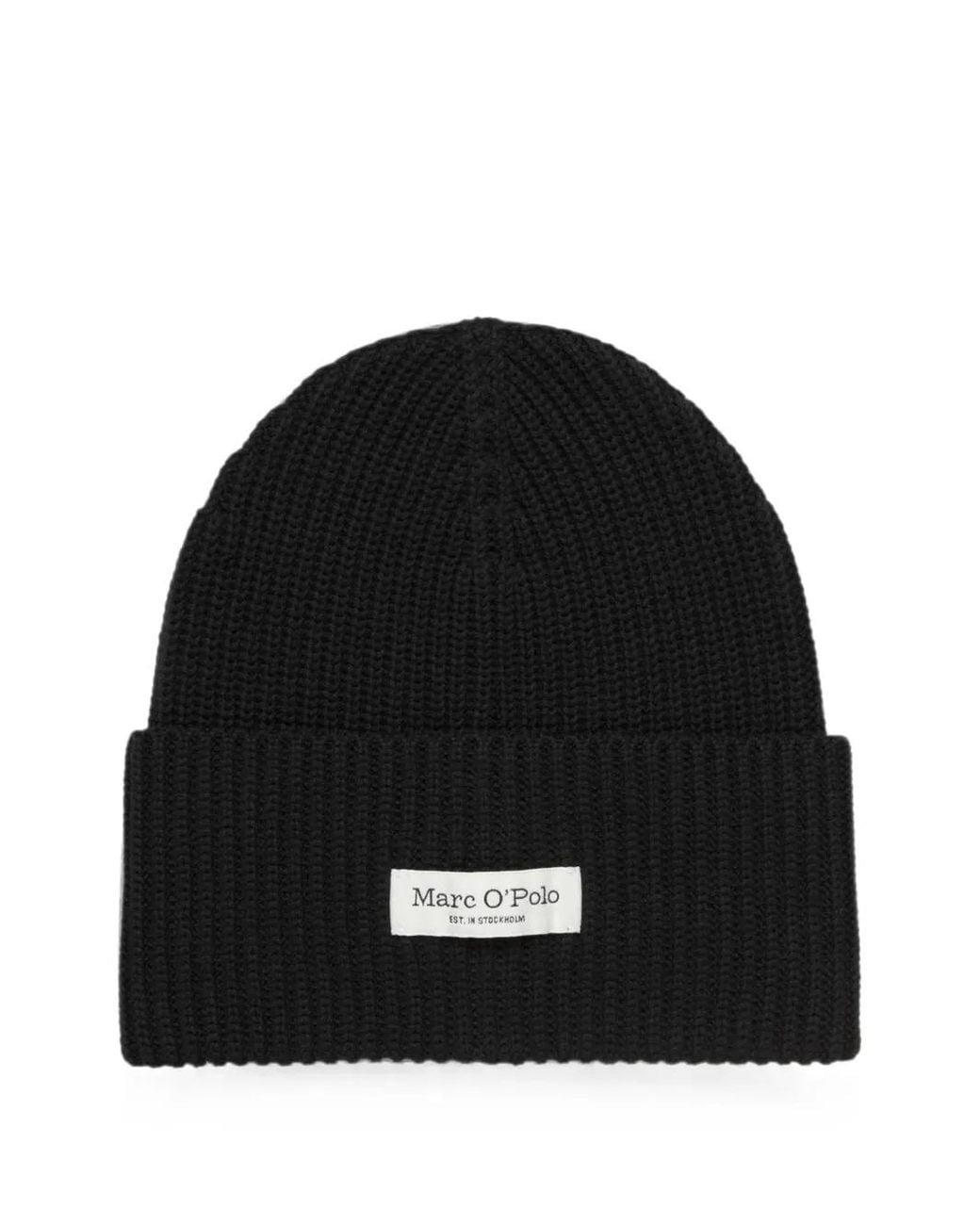 Marc O' Polo Black Dfc Ribbed-Knit Logo-Patch Beanie Hat
