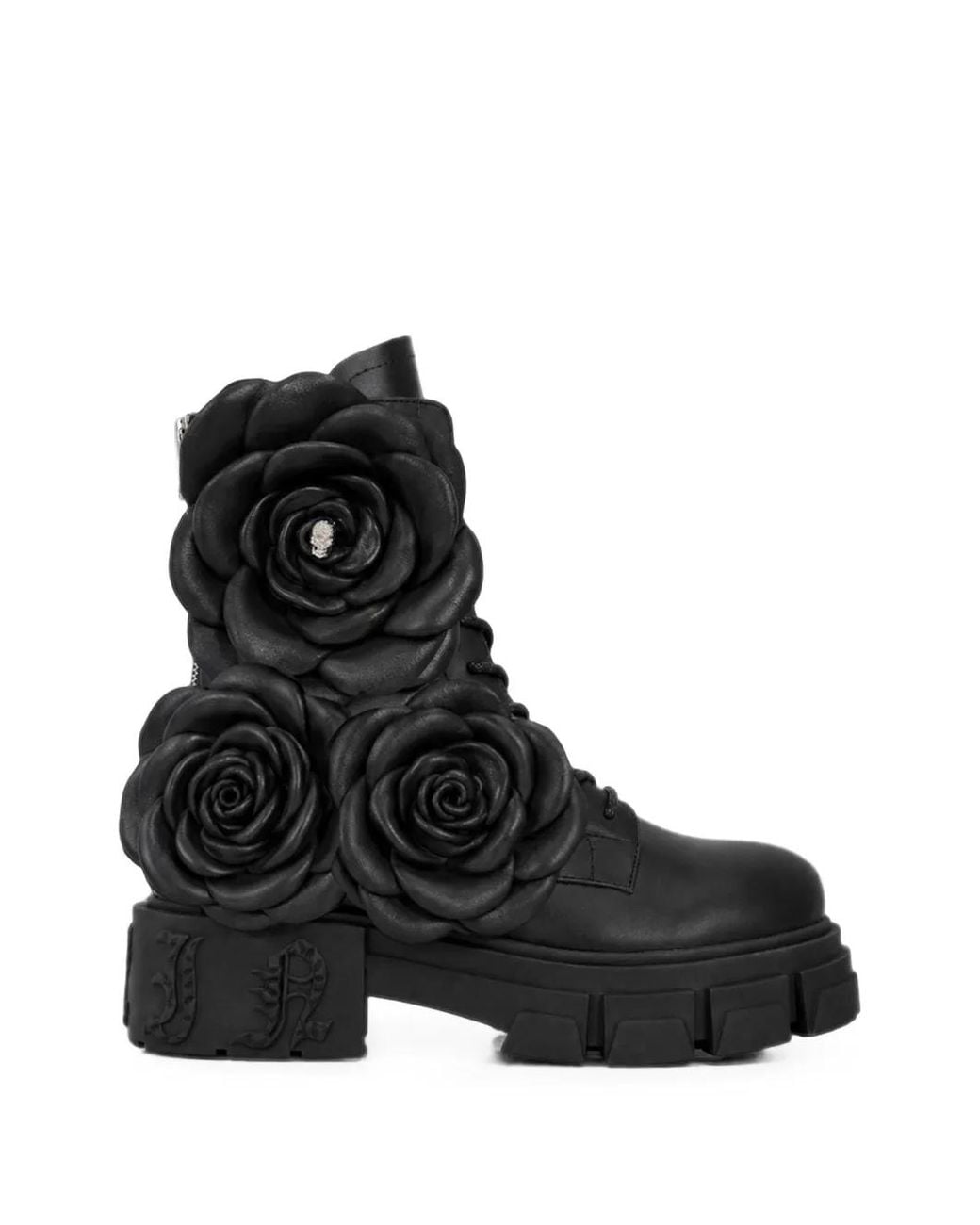 Philipp Plein Black Lace-Up Boots Gothic Plein Flowers