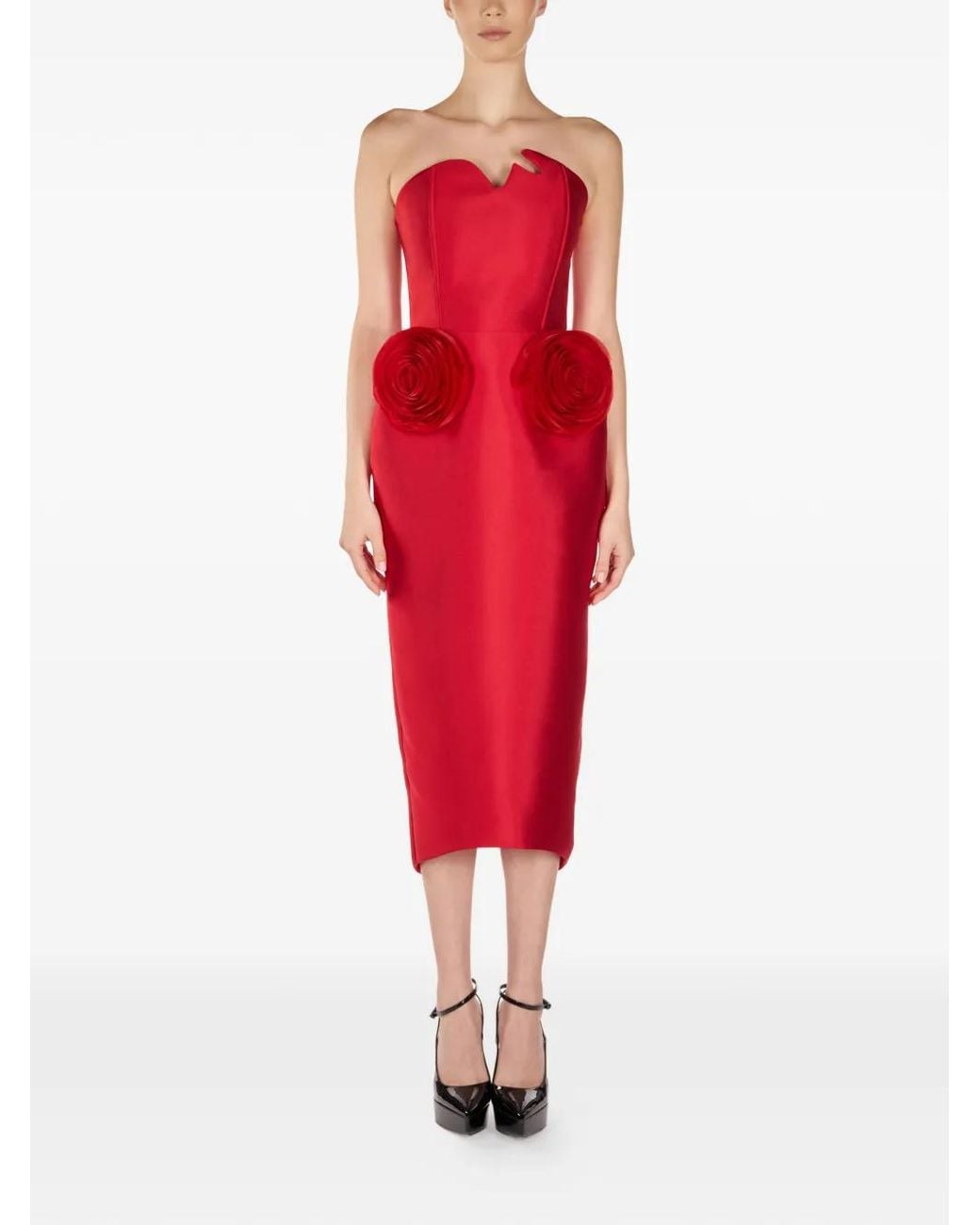ARAFTU Red Rose-Detail Strapless Midi Dress